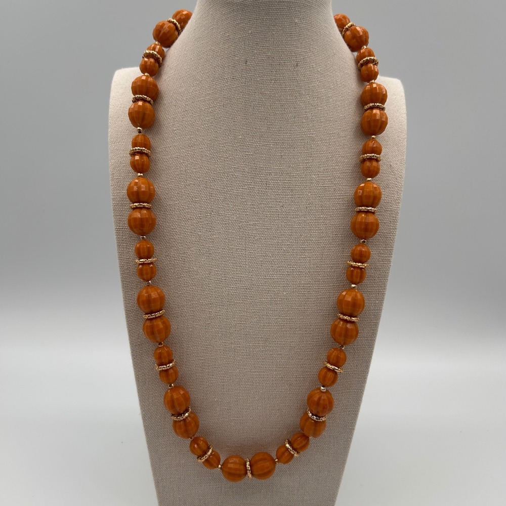 Vintage Brown Fluted Bead Necklace Gold Tone Spacers Statement‎ Jewelry 24"